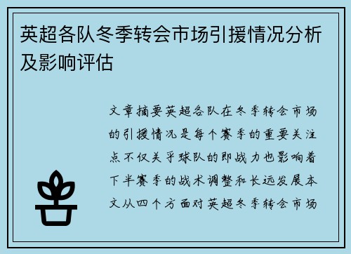 英超各队冬季转会市场引援情况分析及影响评估 英超各队冬季转会市场引援情况分析及影响评估