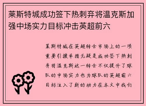 莱斯特城成功签下热刺弃将温克斯加强中场实力目标冲击英超前六