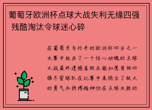 葡萄牙欧洲杯点球大战失利无缘四强 残酷淘汰令球迷心碎